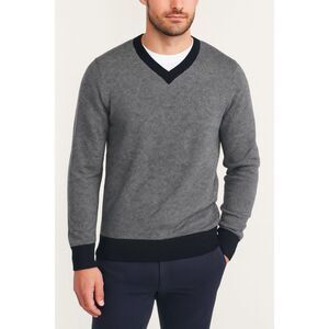 J.McLaughlin Mens Medium Sweater 100% Merino Wool Gray Black Trim Classic V Neck